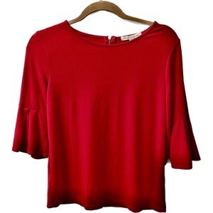 Green Envelope Los Angeles Women’s Red Blouse Bell Sleeve Zipper Back EUC
